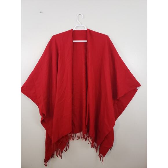 (J5) Womens Shawl Cape Poncho Wrap Fringed Size OS One Size Red Made in France - Picture 1 of 6